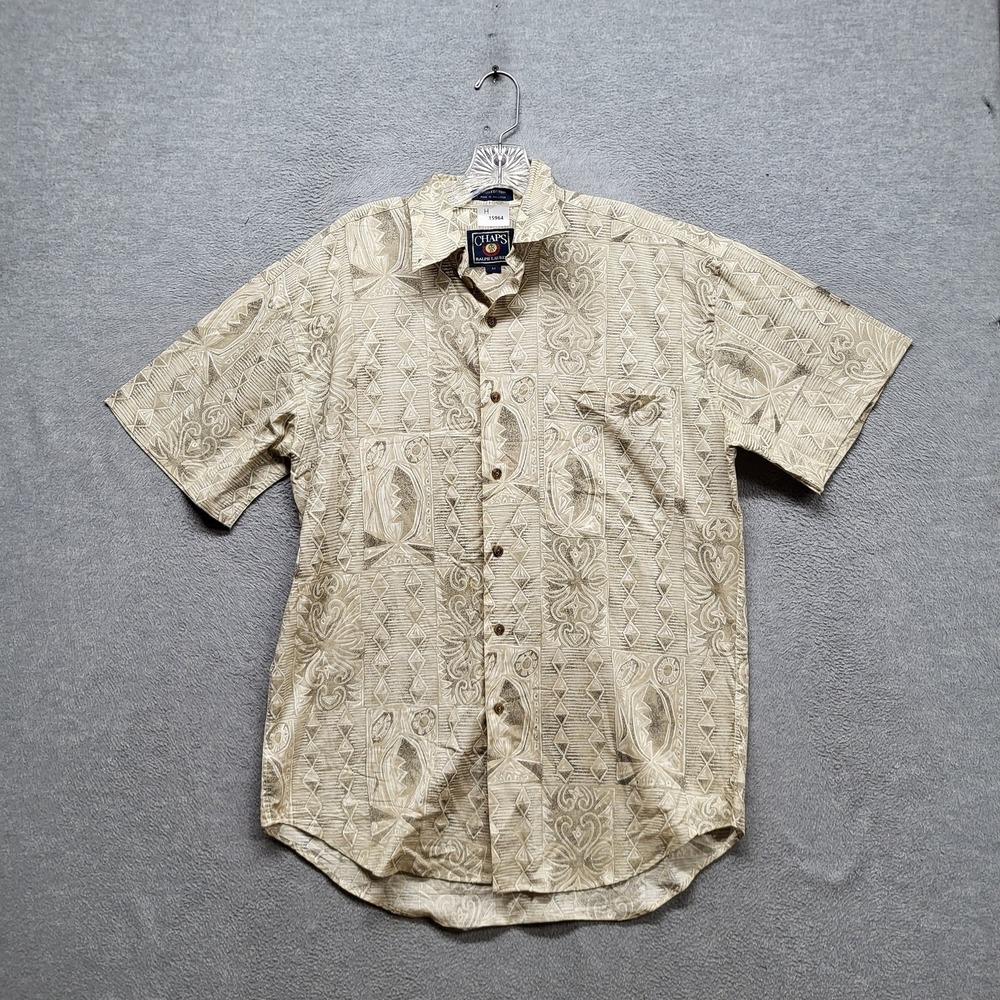 VINTAGE Chaps Ralph Lauren Men Button Up Shirt M Beige Geometric Hawaiian
